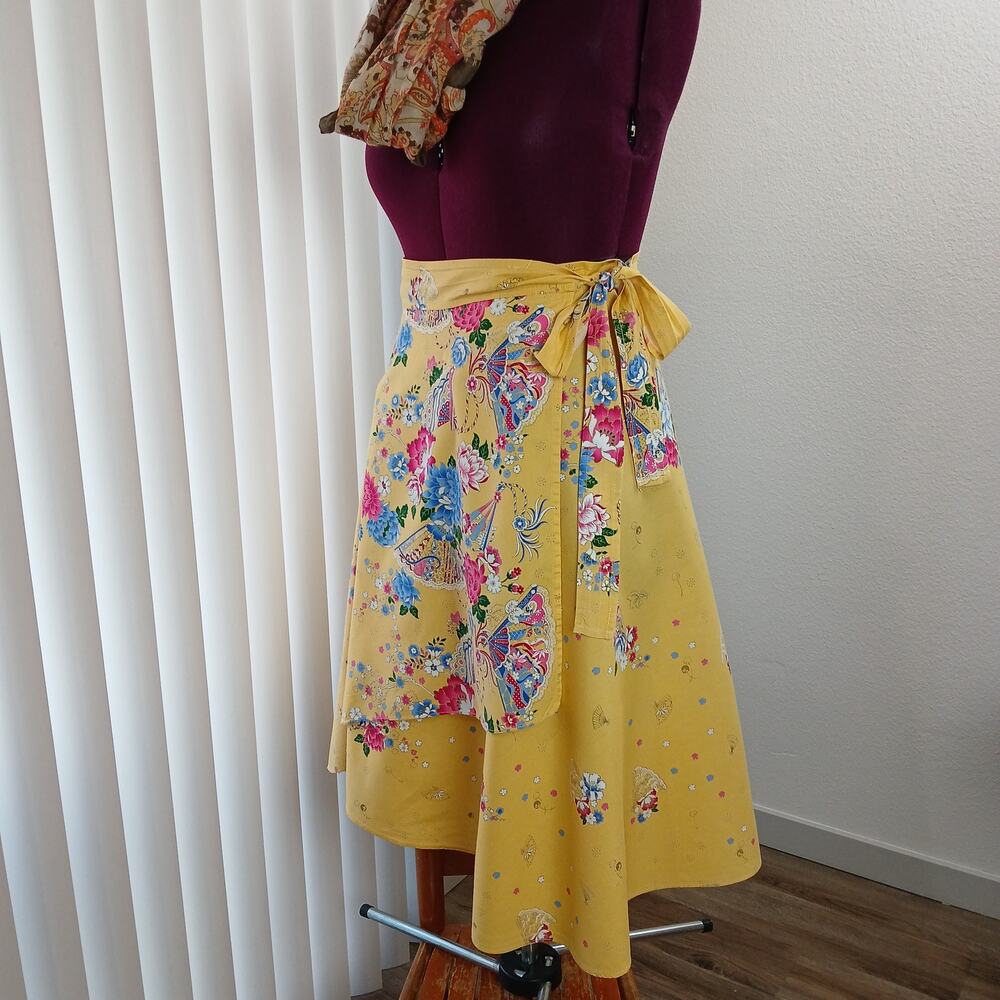 Yellow Floral Maxi Wrap Skirt Plus size OSFM cotton A-line circle Thailand - Picture 2 of 14